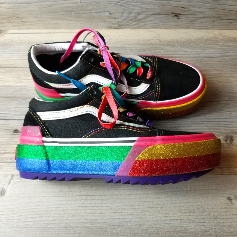 Vans Old Skool Stacked Rainbow Glitter Platform Shoes NWOT
